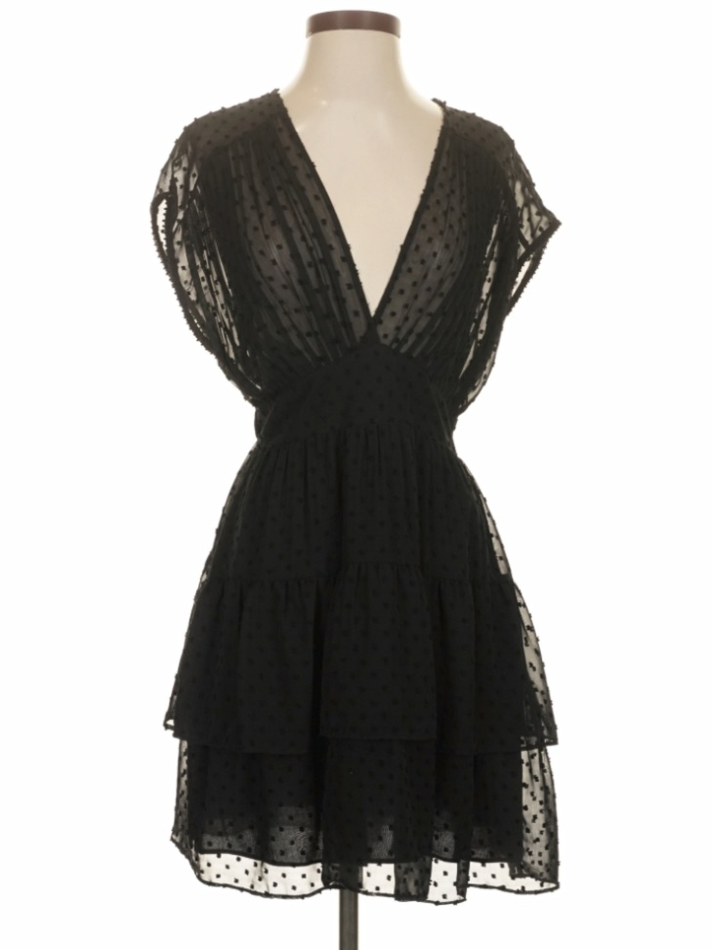 Zara black V-neck mini dress with sheer dotted mesh fabric, size S